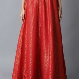 Elleven Women Red & Beige Self-Design Flared Skirt-picture-25