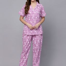 Stylum Lavender & White Floral Printed Pure Cotton Night Suit-picture-6