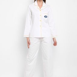shopbloom Women Evil Eye Embroidered Pure Cotton Lapel Collar Shirt & Pyjamas-image-39