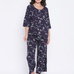 Clovia Women Navy Blue Floral Printend Night Suits-image-43