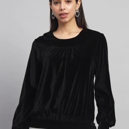 VAARARO Round Neck Puff Sleeves Gathered Velvet Blouson Top-51