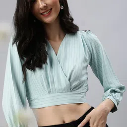 SHOWOFF Sea Green Striped Wrap Cinched Waist Top-picture-15