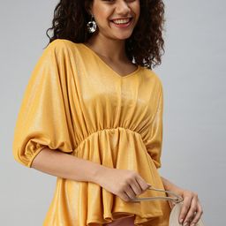 SHOWOFF Women Mustard Yellow Cinched Waist Top-image-15