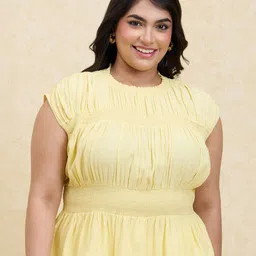 20Dresses Yellow Round Neck Cap Sleeves Cinched Waist Plus Size Top-58