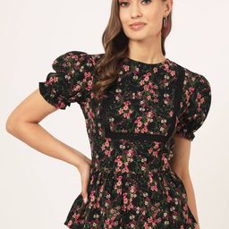 Beatnik Floral Printed Puff Sleeves Gathered Cinched Waist Top-image-80