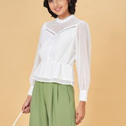 Honey by Pantaloons Self Design Cuffed Sleeves High Neck Cinched Waist Top-37