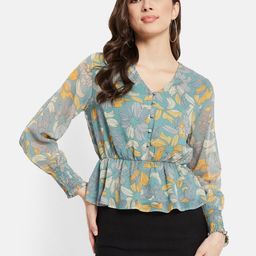 METTLE Floral Printed V-Neck Cotton Cinched Waist Top-image-49