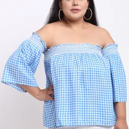 sindrellastorie Blue & White Checked Off-Shoulder Bardot Top-image-17