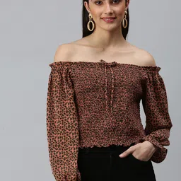SHOWOFF Rust Animal Print Off-Shoulder Crepe Bardot Top-image-20