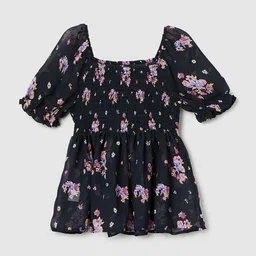 max Girls Floral Print Puff Sleeves Smocked A-Line Top-image-32