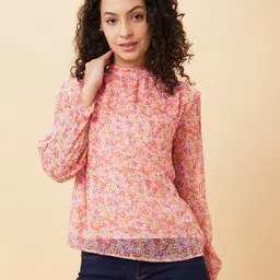 Globus Orange Floral Printed High Neck Gathered Detailed Regular Top-picture-49
