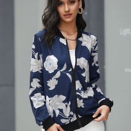 StyleCast Navy Blue Floral Printed Mandarin Collar Bomber Jacket-31