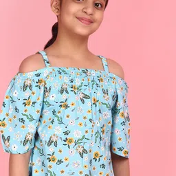V-Mart Girls Floral Print Shoulder Straps Cold-Shoulder Cotton Bardot Top-image-81