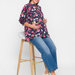 AV2 Women Navy Blue Floral Printed Mandarin Collar Maternity Empire Top-image-31