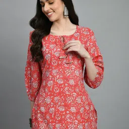 KALINI Floral Printed Tie-Up Neck Pure Cotton Straight Kurti-14