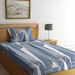 KLOTTHE Blue & Beige Geometric Printed 300 TC Fitted Single Bedsheet & Pillow Cover-24