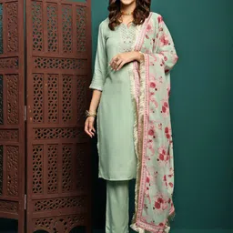 Sangria Embroidered Straight Kurta With Trouser & Dupatta Set image 4
