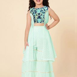 A T U N Girls Sea Green Floral Embroidered Panelled Top with Palazzos-picture-25