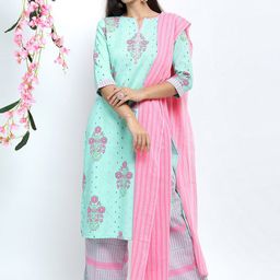 Vishudh Women Turquoise Blue & Pink Ethnic Motifs Kurta with Palazzos & With Dupatta-18
