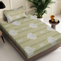KLOTTHE Green & White Floral Cotton 400TC Fitted Single Bedsheet With Pillow Cover-image-62