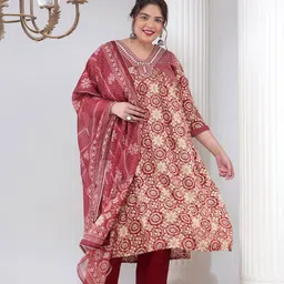 Bani Women Plus Size Floral Printed Thread Work A-Line Kurta With Trousers & Dupatta-3