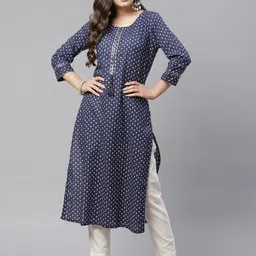 Divena Women Navy Blue Printed Pure Cotton Mirror Work Kurta-10