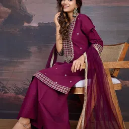 House of Pataudi Ethnic Motifs Embroidered Thread Work Kurta & Sharara With Dupatta-picture-16