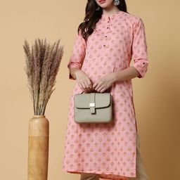 SHOWOFF Floral Printed Mandarin Collar Cotton Straight Kurta-picture-42
