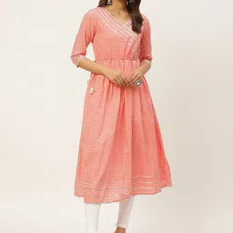 FABRIC FITOOR Women Pink & Off-White Checked Angrakha Kurta with Belt-12