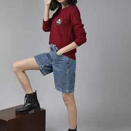 The Roadster Lifestyle Co. Women Maroon Cable Knit Pullover with Applique Detail-picture-30