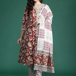 Indo Era Floral Printed Pure Cotton Kurta With Trousers & Dupatta-image-83
