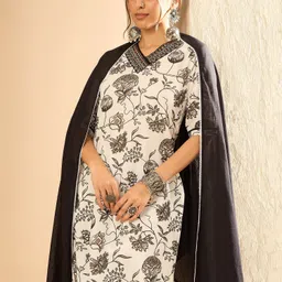 Indo Era Floral Printed Embellished Pure Cotton Straight Kurta with Trouser And Dupatta-picture-51