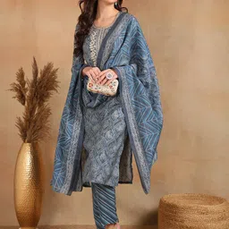 KALINI Floral Printed Regular Kurta With Trousers & Dupatta image 1