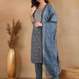 KALINI Floral Printed Regular Kurta With Trousers & Dupatta image 2