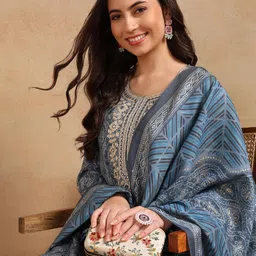 KALINI Floral Printed Regular Kurta With Trousers & Dupatta image 3