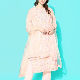 Sangria Floral Embroidered Regular Thread Work Linen Kurta with Trousers & With Dupatta image 3