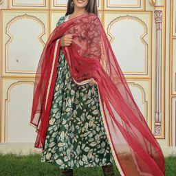 ELVISH JAIPUR Floral Printed Pure Cotton Kantha Work Kurta with Trousers & Dupatta image 3