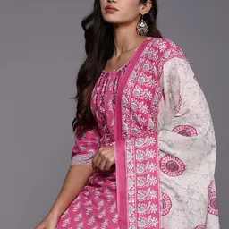 Libas Ethnic Motifs Printed Mirror Work Pure Cotton Kurta with Trousers & With Dupatta image 2