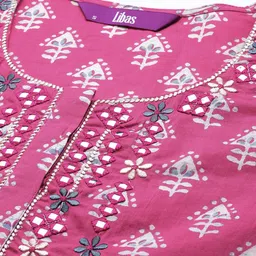 Libas Ethnic Motifs Printed Mirror Work Pure Cotton Kurta with Trousers & With Dupatta image 3