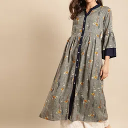 all about you Grey Floral Printed Mandarin Collar Bell Sleeves A-Line Kurta-picture-14
