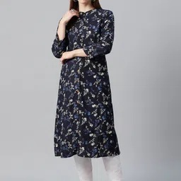 anayna Women Navy Blue & Off-White Printed A-Line Kurta-10