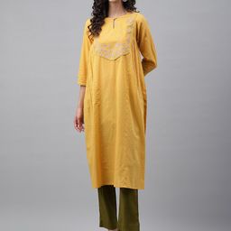 Janasya Yellow & Pink Keyhole Neck Floral Embroidered Dobby Cotton Kurta-image-65