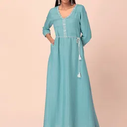 INDYA Woven Design A-Line Kurta With Dori Belt-image-57