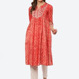 Biba Women Red Floral Printed Thread Work A-line Kurta-picture-26