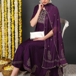 KALINI Floral Embroidered Anarkali Kurta with Trousers & Dupatta-image-20