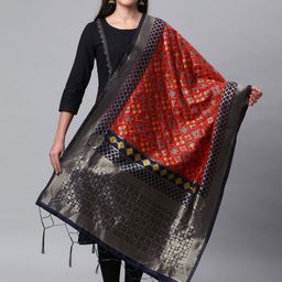 Lilots Red & Black Ethnic Motifs Woven Design Dupatta-51