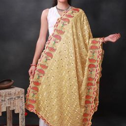 Exotic India Embroidered Art Silk Mirror Work Phulkari Dupatta-picture-43