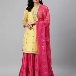 WISHFUL Women Yellow Ethnic Motifs Thread Work Kurta with Sharara & With Dupatta-image-32