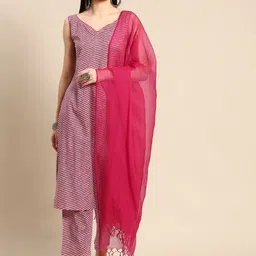 anayna Women Pink & White Leheriya Printed Pure Cotton Kurta with Trousers & Dupatta-38