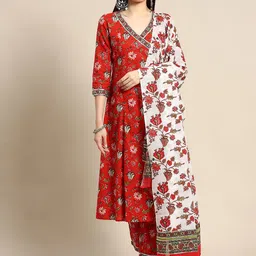 anayna Women Red Ethnic Motifs  Angrakha Pure Cotton Kurta with Trousers & With Dupatta-50